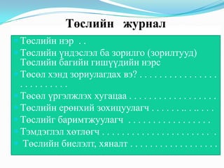 Төслийн журнал
 Төслийн нэр . .
 Төслийн үндэслэл ба зорилго (зорилтууд)
Төслийн багийн гишүүдийн нэрс
 Төсөл хэнд зориулагдах вэ? . . . . . . . . . . . . . . . .
. . . . . . . . . .
 Төсөл үргэлжлэх хугацаа . . . . . . . . . . . . . . . . . .
 Төслийн ерөнхий зохицуулагч . . . . . . .. . .. . . .
 Төслийг баримтжуулагч . . . . . . . . . . . . . . . . .
 Тэмдэглэл хөтлөгч . . . . . . . . . . . . . . . . . . . . . . .
 Төслийн биелэлт, хяналт . . . . . . . . . . . . . . . . . .
. . . . . . . . . . . . . . . . . . . . . . . . . . . . .
 
