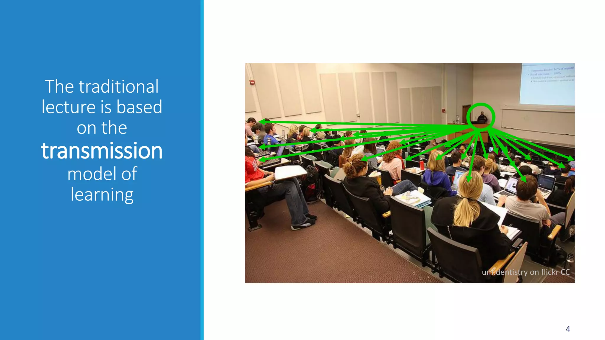 The traditional
lecture is based
on the
transmission
model of
learning
4
um.dentistry on flickr CC
 