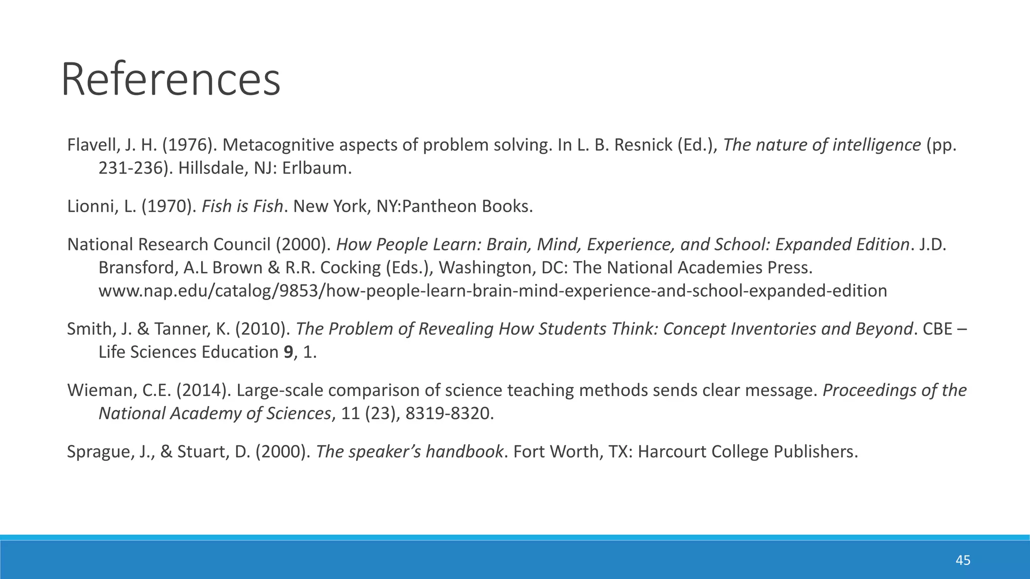 References
Flavell, J. H. (1976). Metacognitive aspects of problem solving. In L. B. Resnick (Ed.), The nature of intelligence (pp.
231-236). Hillsdale, NJ: Erlbaum.
Lionni, L. (1970). Fish is Fish. New York, NY:Pantheon Books.
National Research Council (2000). How People Learn: Brain, Mind, Experience, and School: Expanded Edition. J.D.
Bransford, A.L Brown & R.R. Cocking (Eds.), Washington, DC: The National Academies Press.
www.nap.edu/catalog/9853/how-people-learn-brain-mind-experience-and-school-expanded-edition
Smith, J. & Tanner, K. (2010). The Problem of Revealing How Students Think: Concept Inventories and Beyond. CBE –
Life Sciences Education 9, 1.
Wieman, C.E. (2014). Large-scale comparison of science teaching methods sends clear message. Proceedings of the
National Academy of Sciences, 11 (23), 8319-8320.
Sprague, J., & Stuart, D. (2000). The speaker’s handbook. Fort Worth, TX: Harcourt College Publishers.
45
 
