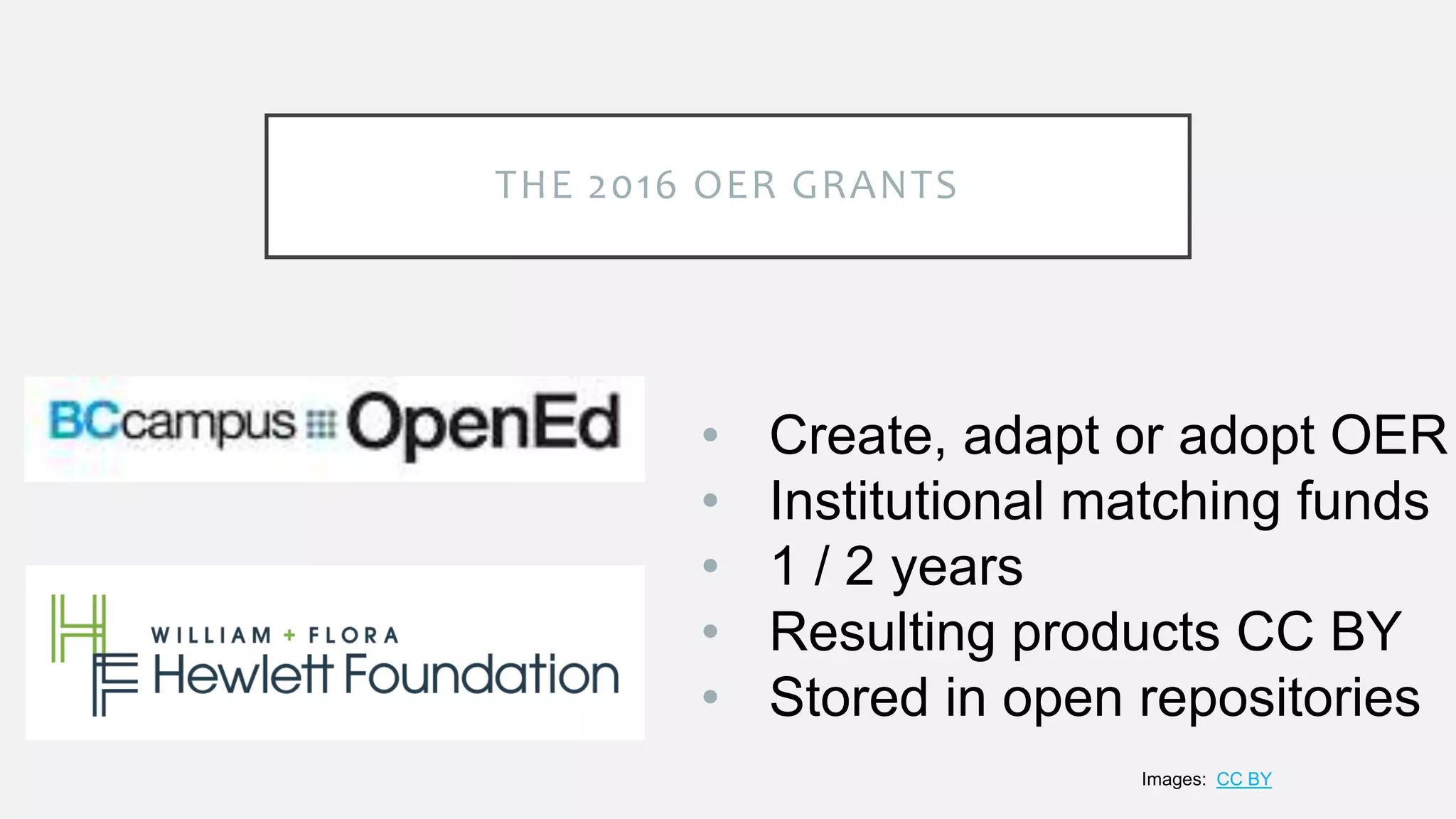 THE 2016 OER GRANTS
Images: CC BY
• Create, adapt or adopt OER
• Institutional matching funds
• 1 / 2 years
• Resulting products CC BY
• Stored in open repositories
 