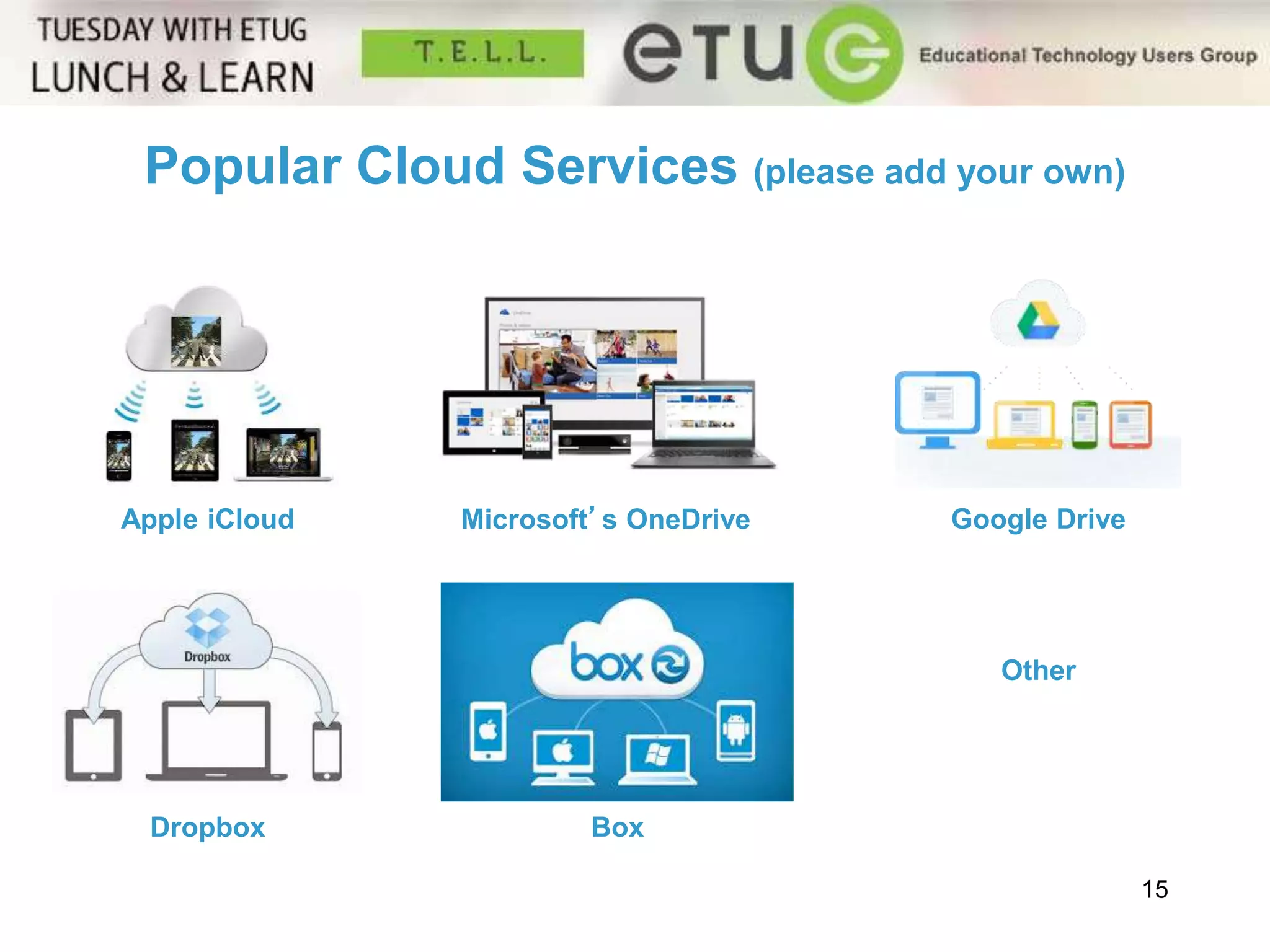 15 
Popular Cloud Services (please add your own) 
Apple iCloud Microsoft’s OneDrive Google Drive 
Dropbox Box 
Other 
 
