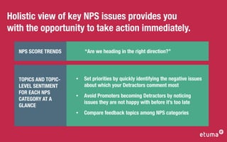 Holistic view of key NPS issues provides you
with the opportunity to take action immediately.

   NPS SCORE TRENDS        “Are we heading in the right direction?”




   TOPICS AND TOPIC-   •   Set priorities by quickly identifying the negative issues
   LEVEL SENTIMENT         about which your Detractors comment most
   FOR EACH NPS
                       •   Avoid Promoters becoming Detractors by noticing
   CATEGORY AT A
                           issues they are not happy with before it’s too late
   GLANCE
                       •   Compare feedback topics among NPS categories
 
