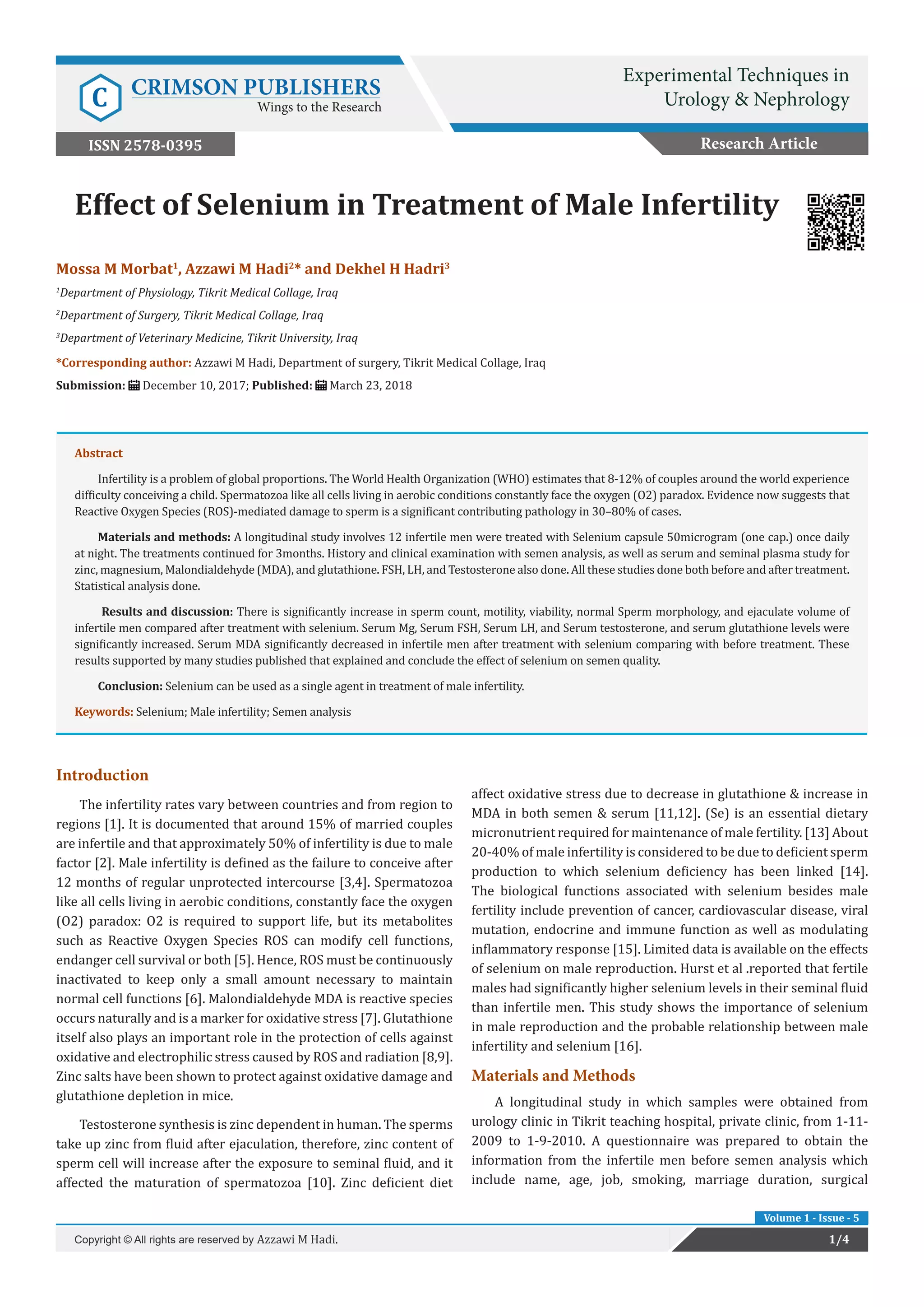 Effect of Selenium in Treatment of Male Infertility Journal of