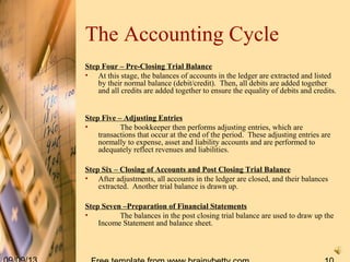 The Accounting Cycle
Step Four – Pre-Closing Trial Balance
• At this stage, the balances of accounts in the ledger are extracted and listed
by their normal balance (debit/credit). Then, all debits are added together
and all credits are added together to ensure the equality of debits and credits.
Step Five – Adjusting Entries
• The bookkeeper then performs adjusting entries, which are
transactions that occur at the end of the period. These adjusting entries are
normally to expense, asset and liability accounts and are performed to
adequately reflect revenues and liabilities.
Step Six – Closing of Accounts and Post Closing Trial Balance
• After adjustments, all accounts in the ledger are closed, and their balances
extracted. Another trial balance is drawn up.
Step Seven –Preparation of Financial Statements
• The balances in the post closing trial balance are used to draw up the
Income Statement and balance sheet.
 