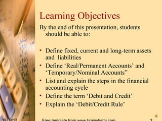 Learning Objectives
By the end of this presentation, students
should be able to:
• Define fixed, current and long-term assets
and liabilities
• Define ‘Real/Permanent Accounts’ and
‘Temporary/Nominal Accounts”
• List and explain the steps in the financial
accounting cycle
• Define the term ‘Debit and Credit’
• Explain the ‘Debit/Credit Rule’
 