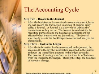 The Accounting Cycle
Step Two – Record to the Journal
• After the bookkeeper has received a source document, he or
she will record the transaction in a book of original entry,
called a Journal. A Journal is a diary which depicts the
transactions as they occur. The Journal is used strictly for
recording purposes; and the balances of accounts are not
affected when transactions are journalized. The journal
specifically assists the bookkeeper to record and analyze the
transactions.
Step Three – Post to the Ledger
• After the information has been recorded in the journal, the
accountant will copy the information recorded in the journal
and post the transaction amounts to the ledger accounts.
The process of posting is defined as the transfer of balances
from the journal to the ledger. During this step, the balances
of accounts change.
 