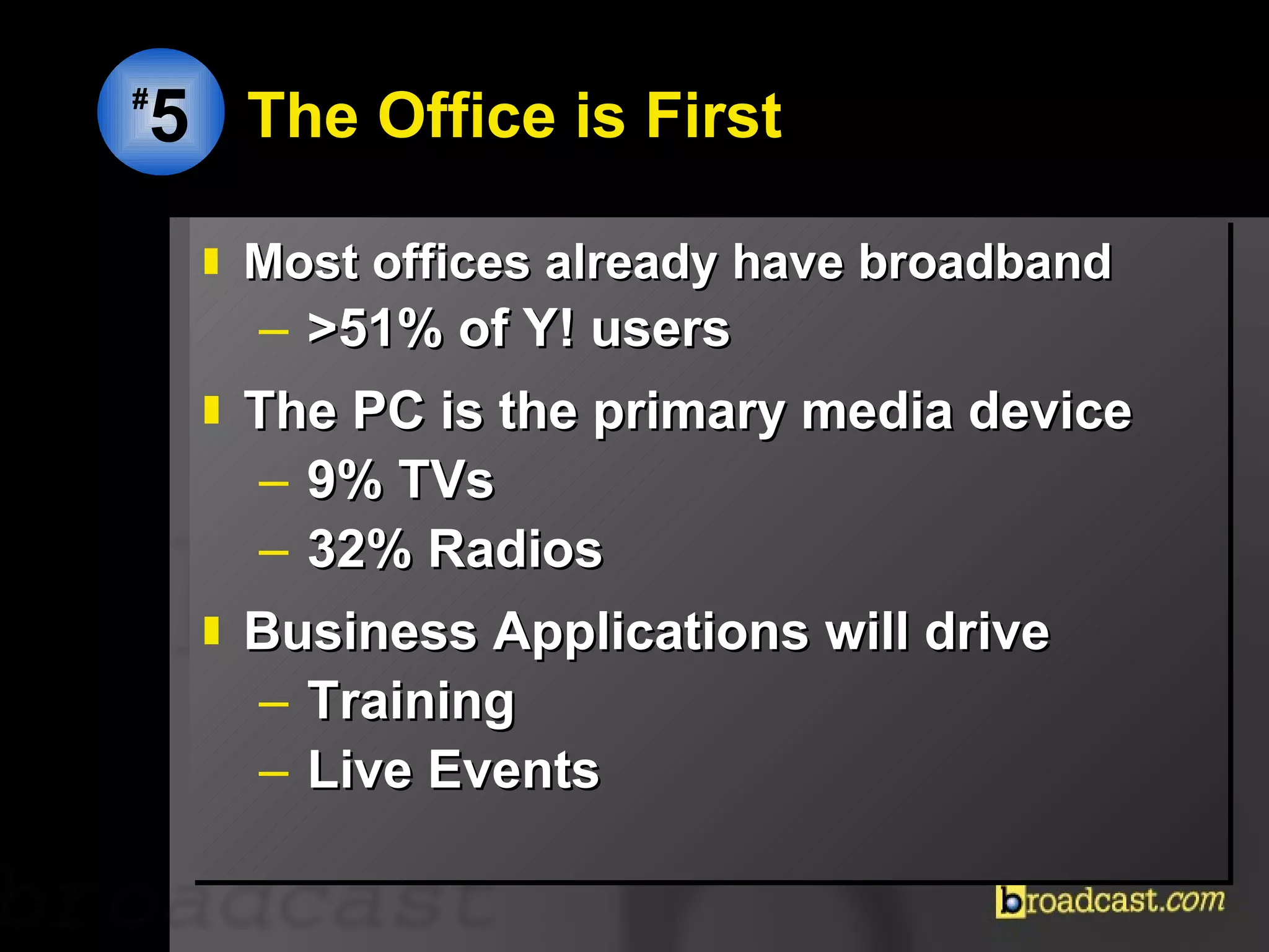 The Office is First Most offices already have broadband >51% of Y! users  The PC is the primary media device 9% TVs 32% Radios Business Applications will drive Training Live Events # 5 