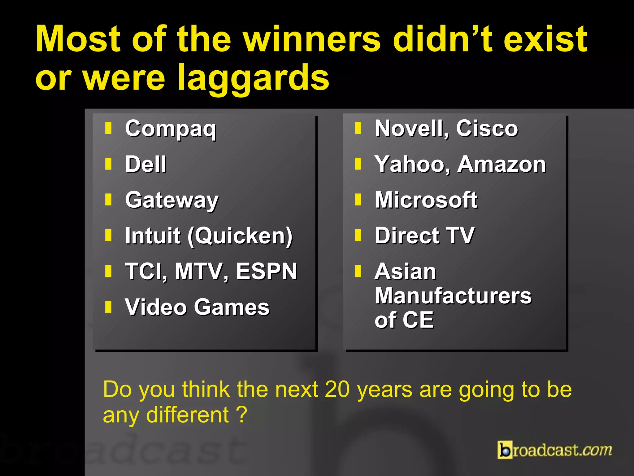Most of the winners didn’t exist or were laggards Compaq Dell Gateway Intuit (Quicken) TCI, MTV, ESPN Video Games Novell, Cisco  Yahoo, Amazon Microsoft Direct TV Asian  Manufacturers  of CE  Do you think the next 20 years are going to be any different ? 