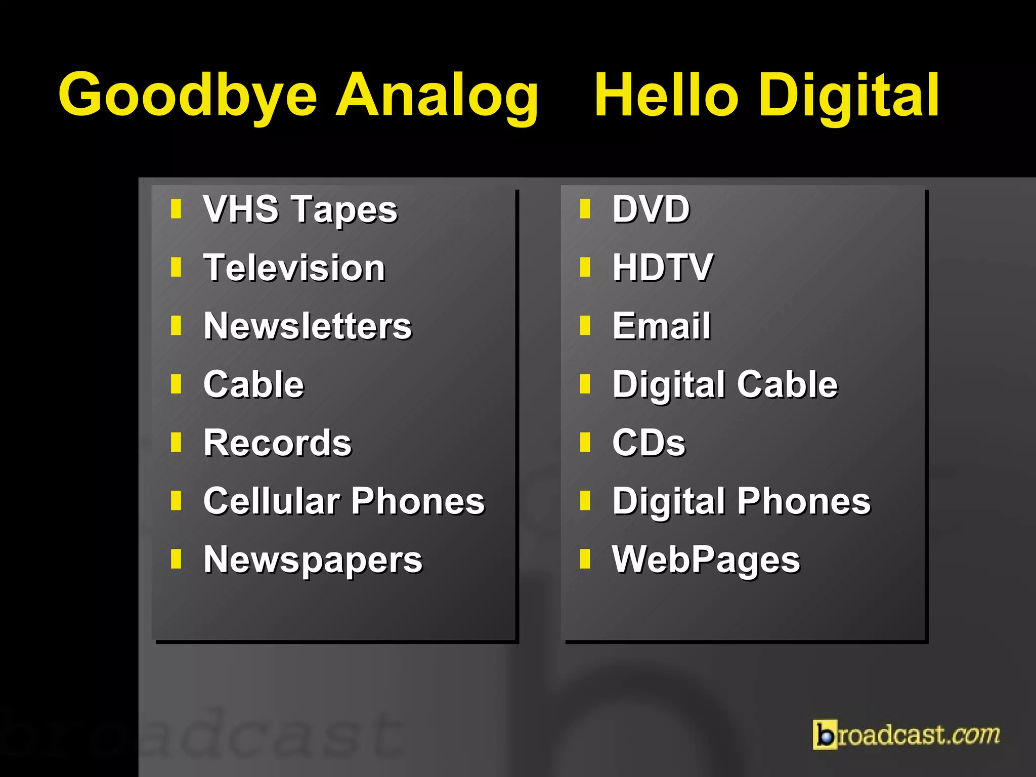 Goodbye Analog VHS Tapes Television Newsletters Cable Records Cellular Phones Newspapers DVD HDTV Email Digital Cable CDs Digital Phones WebPages Hello Digital 