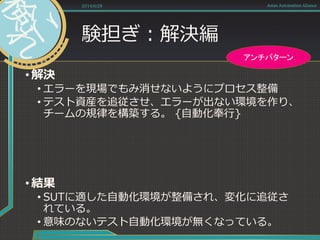 験担ぎ：解決編
• 解決
• エラーを現場でもみ消せないようにプロセス整備
• テスト資産を追従させ、エラーが出ない環境を作り、
チームの規律を構築する。 {自動化奉行}
• 結果
• SUTに適した自動化環境が整備され、変化に追従さ
れている。
• 意味のないテスト自動化環境が無くなっている。
2014/6/28 Asian Automation Aliance
アンチパターン
 