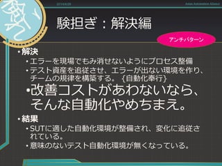 験担ぎ：解決編
• 解決
• エラーを現場でもみ消せないようにプロセス整備
• テスト資産を追従させ、エラーが出ない環境を作り、
チームの規律を構築する。 {自動化奉行}
•改善コストがあわないなら、
そんな自動化やめちまえ。
• 結果
• SUTに適した自動化環境が整備され、変化に追従さ
れている。
• 意味のないテスト自動化環境が無くなっている。
2014/6/28 Asian Automation Aliance
アンチパターン
 