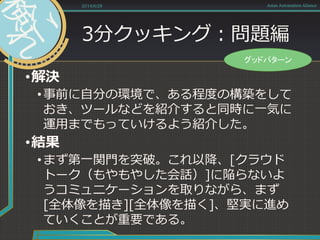 3分クッキング：問題編
•解決
•事前に自分の環境で、ある程度の構築をして
おき、ツールなどを紹介すると同時に一気に
運用までもっていけるよう紹介した。
•結果
•まず第一関門を突破。これ以降、[クラウド
トーク（もやもやした会話）]に陥らないよ
うコミュニケーションを取りながら、まず
[全体像を描き][全体像を描く]、堅実に進め
ていくことが重要である。
2014/6/28 Asian Automation Aliance
グッドパターン
 