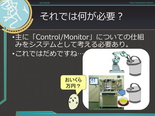それでは何が必要？
•主に「Control/Monitor」についての仕組
みをシステムとして考える必要あり。
•これではだめですね…
2014/6/28 Asian Automation Aliance
おいくら
万円？
 