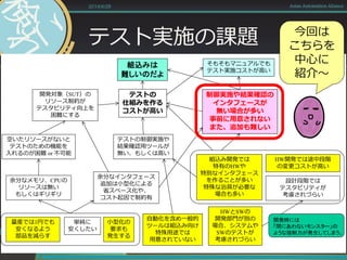 テスト実施の課題
2014/6/28 Asian Automation Aliance
単純に
安くしたい
組込みは
難しいのだよ
余分なインタフェース
追加は小型化による
省スペース化や、
コスト起因で制約有
自動化を含め一般的
ツールは組込み向け
特殊用途では
用意されていない
余分なメモリ、CPUの
リソースは無い
もしくはギリギリ
制御実施や結果確認の
インタフェースが
無い場合が多い
事前に用意されない
また、追加も難しい
開発対象（SUT）の
リソース制約が
テスタビリティ向上を
困難にする
組込み開発では
特有のHWや
特別なインタフェース
を作ることが多い
特殊な治具が必要な
場合も多い
そもそもマニュアルでも
テスト実施コストが高い
テストの
仕組みを作る
コストが高い
空いたリソースがないと
テストのための機能を
入れるのが困難 or 不可能
テストの制御実施や
結果確認用ツールが
無い、もしくは高い
HWとSWの
開発部門が別の
場合、システムや
SWのテストが
考慮されづらい
HW開発では途中段階
の変更コストが高い
開発時には
「間にあわないモンスター」の
ような強制力が発生してしまう。
設計段階では
テスタビリティが
考慮されづらい
量産では1円でも
安くなるよう
部品を減らす
小型化の
要求も
発生する
今回は
こちらを
中心に
紹介～
 