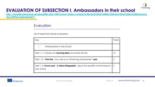 www.etwinning.net
EVALUATION OF SUBSECTION I. Ambassadors in their school
http://moodle.etwinning.net/pluginfile.php/10473/mod_folder/content/0/Module%20A%20My%20role%20as%20an%20Ambassa
dor.pdf?forcedownload=1
05-09-19eTwinning template 10
 