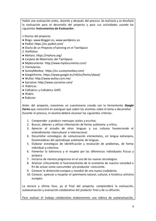 6
Habrá una evaluación antes, durante y después del proceso. Se realizará y se diseñará
la evaluación para el desarrollo del proyecto y para sus actividades usando los
siguientes Instrumentos de Evaluación:
1 Diarios del proyecto:
● Blogs: www.blogger.es, www.wordpress.es
● Padlet: https://es.padlet.com/
● Diario de un Proyecto eTwinning en el TwinSpace
2. Portfolios:
● Mahara. https://mahara.org/
● Carpeta de Materiales del TwinSpace
● Mydocumenta: http://www.mydocumenta.com/
3. Formularios:
● SurveyMonkey: https://es.surveymonkey.com/
● GoogleForms: https://www.google.es/intl/es/forms/about/
● Wufoo: http://www.wufoo.com.mx/
● Socrative: http://www.socrative.com/
4. Rúbricas:
● CoRubrics y CoRubrics GAFE
● iRubric
● Rubistar
Antes del proyecto, crearemos un cuestionario creado con la herramienta Google
Forms que consistirá en averiguar qué saben los alumnos sobre el tema a desarrollar.
Durante el proceso, el alumno deberá alcanzar los siguientes criterios:
1. Comprender y producir mensajes orales y escritos.
2. Buscar, obtener y utilizar información de forma autónoma y crítica.
3. Apreciar el estudio de otras lenguas y sus culturas favoreciendo el
entendimiento intercultural e internacional.
4. Desarrollar estrategias de comunicación elementales, en lengua extranjera,
favorecedoras del aprendizaje autónomo de lenguas.
5. Elaborar estrategias de identificación y resolución de problemas, de forma
individual y colectiva
6. Fomentar la tolerancia y el respeto por las diferencias individuales físicas y
psíquica
7. Iniciarse de manera progresiva en el uso de las nuevas tecnologías.
8. Analizar críticamente el funcionamiento de la economía de nuestra sociedad a
fin de actuar como consumidor y/o productor consciente.
9. Conocer la dimensión europea y mundial de una nueva ciudadanía.
10. Conocer, apreciar y respetar el patrimonio natural, cultural, e histórico-artístico
europeo.
La tercera y última fase, ya al final del proyecto, comprenderá la evaluación,
autoevaluación y evaluación colaborativa del producto final y de su difusión.
Para evaluar el trabajo colaborativo elaboraremos una rúbrica de autoevaluación,
 
