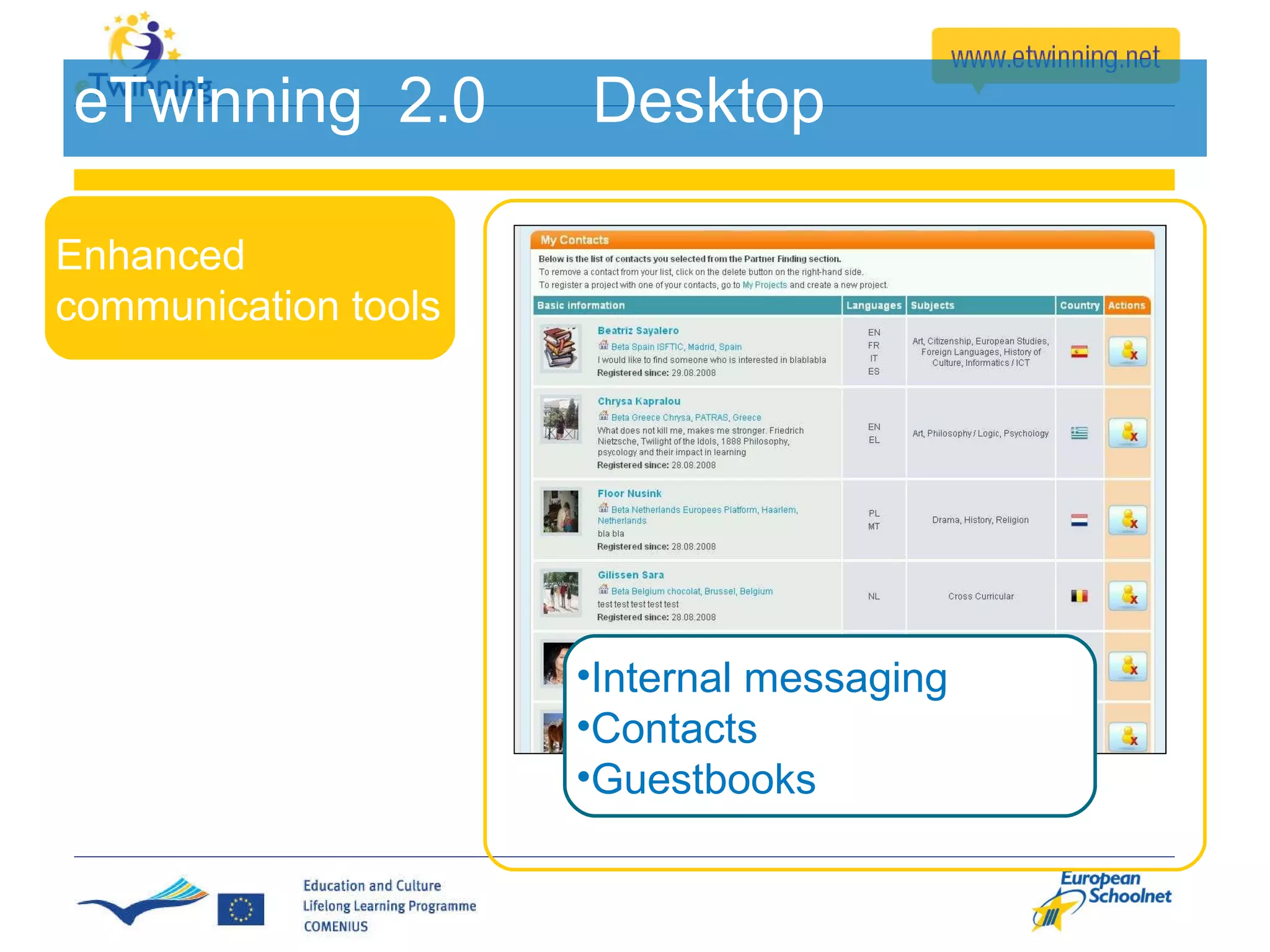 eTwinning  2.0  Desktop Enhanced communication tools Internal messaging Contacts Guestbooks 