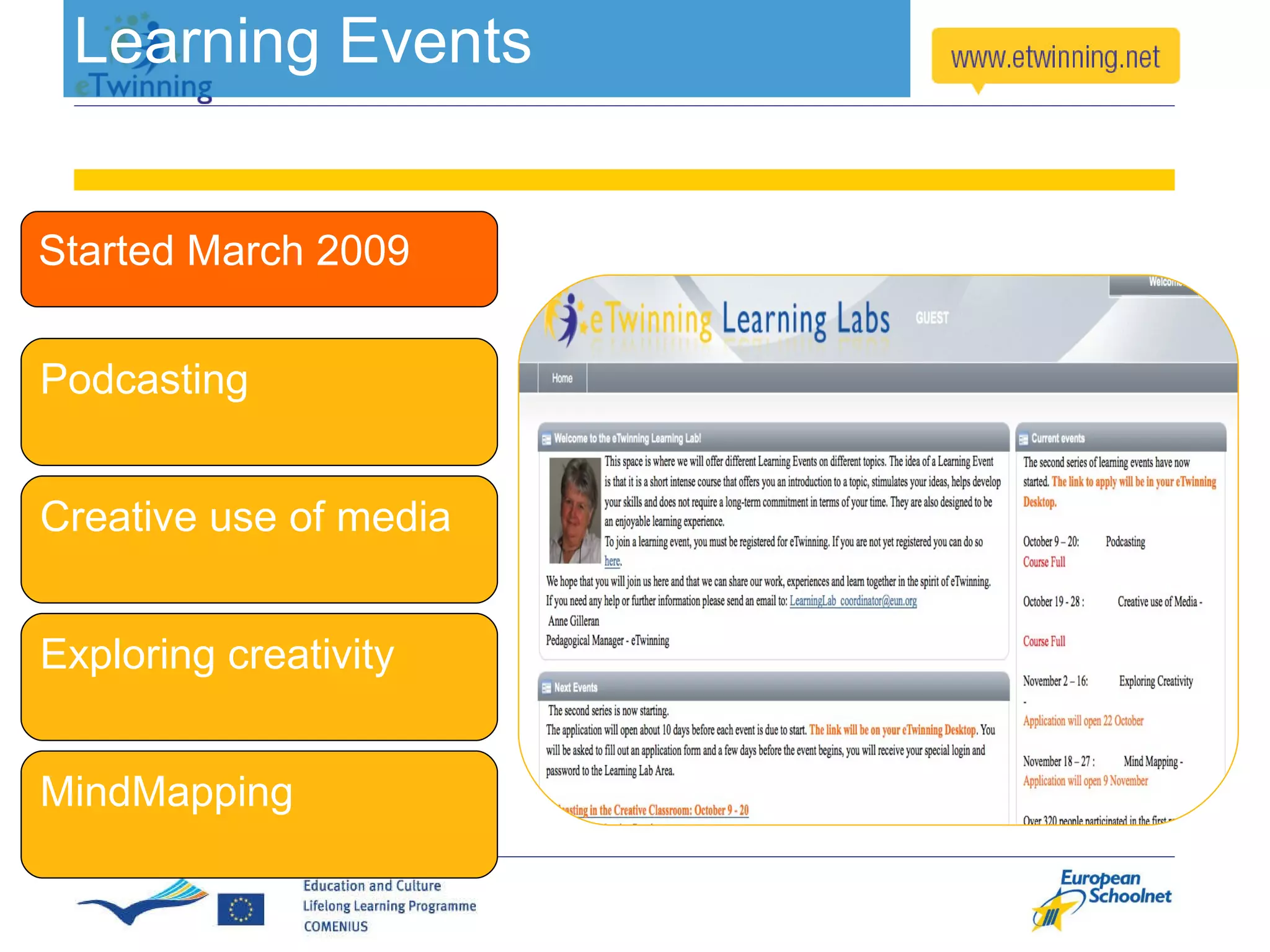 Learning Events Started March 2009 Podcasting Creative use of media Exploring creativity  MindMapping 