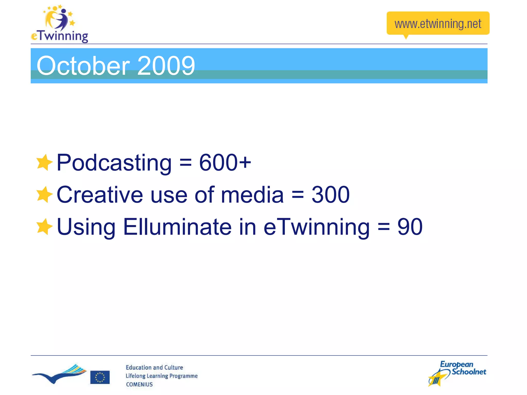October 2009 Podcasting = 600+ Creative use of media = 300 Using Elluminate in eTwinning = 90 