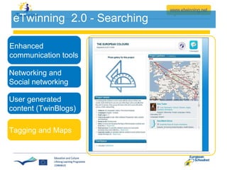eTwinning  2.0 - Searching Enhanced communication tools Networking and  Social networking  User generated content (TwinBlo...