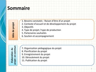 Sommaire

                     1. Besoins constatés - Raison d’être d’un projet
    Idée de projet



                     2. Contexte d’accueil et de développement du projet
                     3. Objectifs
                     4. Type de projet / type de production
                     5. Partenaires souhaités
                     6. Soutien et accompagnement
 projet en commun




                     7. Organisation pédagogique du projet
  Elaboration du




                     8. Planification du projet
                     9. Enregistrement du projet
                     10. Déroulement du projet
                     11. Publication du projet


                                                                           4
 