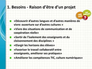 1. Besoins - Raison d’être d’un projet

   «Découvrir d’autres langues et d’autres manières de
   vivre: ouverture sur d’autres cultures »
   «Vivre des situations de communication et de
   coopération réelle»
   «Sortir de l’isolement des enseignants et du
   cloisonnement des disciplines »
   «Elargir les horizons des élèves»
   «Favoriser le travail collaboratif entre
   enseignants, améliorer ses pratiques»
   «Améliorer les compétences TIC, culture numériques»
 