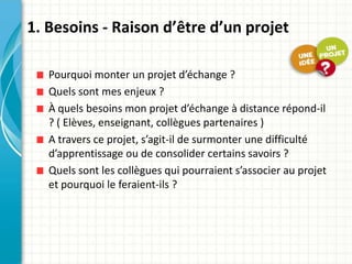 1. Besoins - Raison d’être d’un projet

   Pourquoi monter un projet d’échange ?
   Quels sont mes enjeux ?
   À quels besoins mon projet d’échange à distance répond-il
   ? ( Elèves, enseignant, collègues partenaires )
   A travers ce projet, s’agit-il de surmonter une difficulté
   d’apprentissage ou de consolider certains savoirs ?
   Quels sont les collègues qui pourraient s’associer au projet
   et pourquoi le feraient-ils ?
 