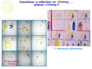 ζωγραφίσουμε τα ανθρωπάκια του eTwinning.....
γράψουμε: eTwinning !!!
5ο Νηπιαγωγείο
Πύργου
1ο Νηπιαγωγείο Χρυσούπολης
 