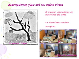 Δραστηριότητες γύρω από τον πρώτο πίνακα
Ο πίνακας μετατράπηκε σε
φωτοτυπία στο gimp
και δουλεύτηκε on-line
tux-paint
5ο Νηπ/γειο ΄Πύργου
1o Νηπ/γείο Χρυσούπολης
 