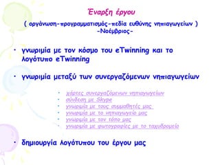 Έναρξη έργου
( οργάνωση-προγραμματισμός-πεδία ευθύνης νηπιαγωγείων )
-Νοέμβριος-
• γνωριμία με τον κόσμο του eTwinning και το
λογότυπο eTwinning
• γνωριμία μεταξύ των συνεργαζόμενων νηπιαγωγείων
• χάρτες συνεργαζόμενων νηπιαγωγείων
• σύνδεση με Skype
• γνωριμία με τους συμμαθητές μας
• γνωριμία με το νηπιαγωγείο μας
• γνωριμία με τον τόπο μας
• γνωριμία με φωτογραφίες με το ταχυδρομείο
• δημιουργία λογότυπου του έργου μας
 