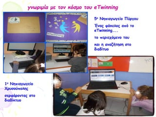 γνωριμία με τον κόσμο του eTwinning
5ο Νηπιαγωγείο Πύργου
Ένας φάκελος από το
eTwinning…..
το περιεχόμενο του
και η αναζήτηση στο
διαδίτυο
1ο Νηπιαγωγείο
Χρυσούπολης
σερφάροντας στο
διαδίκτυο
 