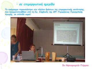 • σε επιμορφωτική ημερίδα
Το πρόγραμμα παρουσιάστηκε στα πλαίσια δράσεων της επιμορφωτικής συνάντησης,
που πραγματοποιήθηκε από τη Σχ. Σύμβουλο της 28ης Περιφέρειας Προσχολικής
Αγωγής, σε επίπεδο νομού
5ο Νηπιαγωγείο Πύργου
 