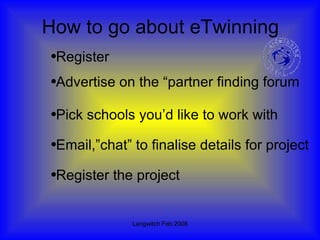 How to go about eTwinning Register Advertise on the “partner finding forum Pick schools you’d like to work with Email,”chat” to finalise details for project Register the project 