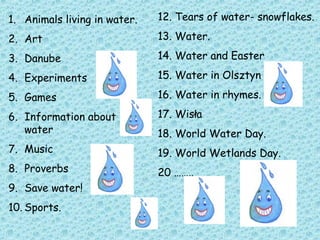 1. Animals living in water.
2. Art
3. Danube
4. Experiments
5. Games
6. Information about
water
7. Music
8. Proverbs
9. Save water!
10. Sports.
12. Tears of water- snowflakes.
13. Water.
14. Water and Easter
15. Water in Olsztyn
16. Water in rhymes.
17. Wisła
18. World Water Day.
19. World Wetlands Day.
20 ……..
 