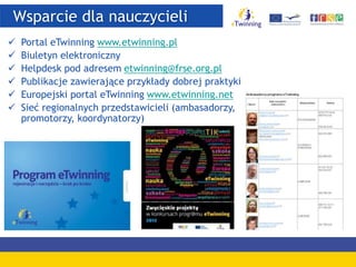 Wsparcie dla nauczycieli
 Portal eTwinning www.etwinning.pl
 Biuletyn elektroniczny
 Helpdesk pod adresem etwinning@frse.org.pl
 Publikacje zawierające przykłady dobrej praktyki
 Europejski portal eTwinning www.etwinning.net
 Sieć regionalnych przedstawicieli (ambasadorzy,
promotorzy, koordynatorzy)
 