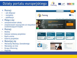 Działy portalu europejskiego
Poznaj:
• - jak dołączyć
• - narzędzia
• - publikacje
Połącz się:
• zarejestrowane szkoły
• zrejestrowani nauczyciele ze wszystkich
uczestniczących krajów
Poznaj:
• Moduły
• Gotowe zestawy projektów
• Kącik ucznia
• Galeria projektów
Rozwijaj się
• Warsztaty Rozwoju Zawodowego
• Warsztaty on-line
• Grupy eTwinning
• Nagrody
 