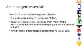 Aprendizagens essenciais
Com vista à prossecução dos seguintes objetivos:
 Consolidar aprendizagens de forma efetiva;
 Desenvolver competências que requerem mais tempo
(realização de trabalhos que envolvem pesquisa, análise, debate e
reflexão);
 Permitir efetiva diferenciação pedagógica na sala de aula.
 