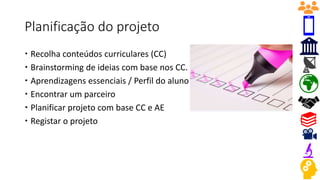 Planificação do projeto
 Recolha conteúdos curriculares (CC)
 Brainstorming de ideias com base nos CC.
 Aprendizagens essenciais / Perfil do aluno
 Encontrar um parceiro
 Planificar projeto com base CC e AE
 Registar o projeto
 
