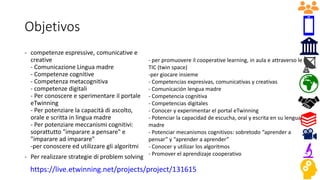 Objetivos
- competenze espressive, comunicative e
creative
- Comunicazione Lingua madre
- Competenze cognitive
- Competenza metacognitiva
- competenze digitali
- Per conoscere e sperimentare il portale
eTwinning
- Per potenziare la capacità di ascolto,
orale e scritta in lingua madre
- Per potenziare meccanismi cognitivi:
soprattutto "imparare a pensare" e
"imparare ad imparare"
-per conoscere ed utilizzare gli algoritmi
- Per realizzare strategie di problem solving
- per promuovere il cooperative learning, in aula e attraverso le
TIC (twin space)
-per giocare insieme
- Competencias expresivas, comunicativas y creativas
- Comunicación lengua madre
- Competencia cognitiva
- Competencias digitales
- Conocer y experimentar el portal eTwinning
- Potenciar la capacidad de escucha, oral y escrita en su lengua
madre
- Potenciar mecanismos cognitivos: sobretodo “aprender a
pensar” y “aprender a aprender”
- Conocer y utilizar los algoritmos
- Promover el aprendizaje cooperativo
https://live.etwinning.net/projects/project/131615
 