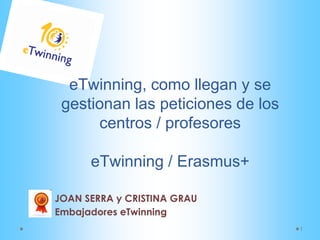 1
JOAN SERRA y CRISTINA GRAU
Embajadores eTwinning
eTwinning, como llegan y se
gestionan las peticiones de los
centros / profesores
eTwinning / Erasmus+
 