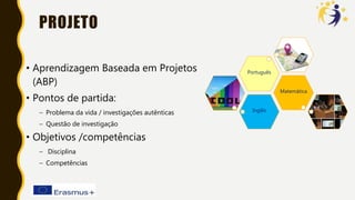 PROJETO
• Aprendizagem Baseada em Projetos
(ABP)
• Pontos de partida:
– Problema da vida / investigações autênticas
– Questão de investigação
• Objetivos /competências
– Disciplina
– Competências
Inglês
Matemática
Português
 
