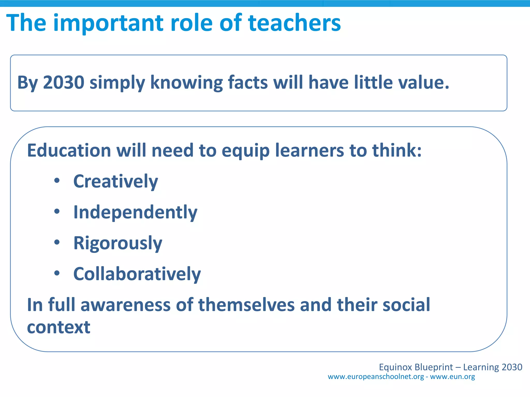 The important role of teachers 
By 2030 simply knowing facts will have little value. 
Education will need to equip learners to think: 
•Creatively 
•Independently 
•Rigorously 
•Collaboratively 
In full awareness of themselves and their social context 
www.europeanschoolnet.org -www.eun.org 
EquinoxBlueprint–Learning 2030  