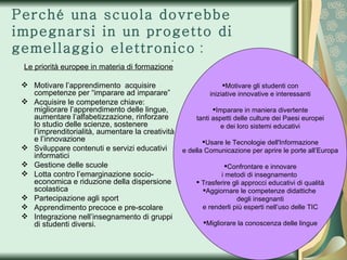 Perché una scuola dovrebbe impegnarsi in un progetto di gemellaggio elettronico  : Le priorità europee in materia di formazione Motivare l’apprendimento  acquisire competenze per “imparare ad imparare” Acquisire le competenze chiave: migliorare l’apprendimento delle lingue, aumentare l’alfabetizzazione, rinforzare lo studio delle scienze, sostenere l’imprenditorialità, aumentare la creatività e l’innovazione Sviluppare contenuti e servizi educativi informatici Gestione delle scuole Lotta contro l’emarginazione socio-economica e riduzione della dispersione scolastica Partecipazione agli sport Apprendimento precoce e pre-scolare Integrazione nell’insegnamento di gruppi di studenti diversi. . Motivare gli studenti con iniziative innovative e interessanti Imparare in maniera divertente tanti aspetti delle culture dei Paesi europei e dei loro sistemi educativi Usare le Tecnologie dell'Informazione e della Comunicazione per aprire le porte all’Europa Confrontare e innovare i metodi di insegnamento  Trasferire gli approcci educativi di qualità Aggiornare le competenze didattiche  degli insegnanti e renderli più esperti nell’uso delle TIC Migliorare la conoscenza delle lingue 