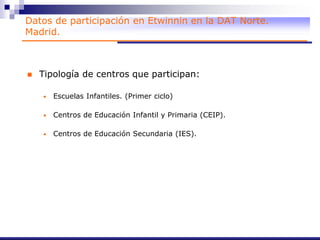 Datos de participación en Etwinnin en la DAT Norte.
Madrid.
 Tipología de centros que participan:
• Escuelas Infantiles. (Primer ciclo)
• Centros de Educación Infantil y Primaria (CEIP).
• Centros de Educación Secundaria (IES).
 