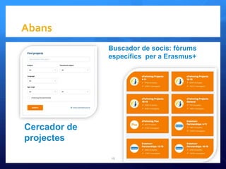 Abans
15
Cercador de
projectes
Buscador de socis: fòrums
específics per a Erasmus+
 