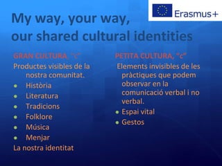 My way, your way,
our shared cultural identities
GRAN CULTURA, “c”
Productes visibles de la
nostra comunitat.
● Història
● Literatura
● Tradicions
● Folklore
● Música
● Menjar
La nostra identitat
PETITA CULTURA, “c”
Elements invisibles de les
pràctiques que podem
observar en la
comunicació verbal i no
verbal.
● Espai vital
● Gestos
 