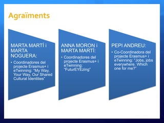 Agraïments
MARTA MARTÍ i
MARTA
NOGUERA:
• Coordinadores del
projecte Erasmus+ i
eTwinning: “My Way,
Your Way, Our Shared
Cultural Identities”
ANNA MORON i
MARTA MARTÍ:
• Coordinadores del
projecte Erasmus+ i
eTwinning:
“FuturEYEzing”
PEPI ANDREU:
• Co-Coordinadora del
projecte Erasmus+ i
eTwinning: “Jobs, jobs
everywhere. Which
one for me?”
 