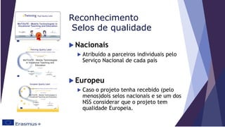 Reconhecimento
Selos de qualidade
 Nacionais
 Atribuído a parceiros individuais pelo
Serviço Nacional de cada país
 Europeu
 Caso o projeto tenha recebido (pelo
menos)dois selos nacionais e se um dos
NSS considerar que o projeto tem
qualidade Europeia.
 