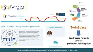 Teresa Lacerda | teresalacerda@dge.mec.pt | eTwinning / DGE Ambassador | 2019-2020
Work space for each
project
(Private or Public Space)
 