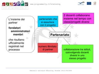 L’insieme dei partner  fondatori amministratori  membri  che risultano ufficialmente registrati nel processo Partenariato numero illimitato  di partner partenariato che  si esaurisce  con il progetto collaborazione tra istituti,  coinvolgendo docenti  diversi in uno  stesso progetto 2 docenti collaborano insieme nel tempo con classi/progetti diversi 